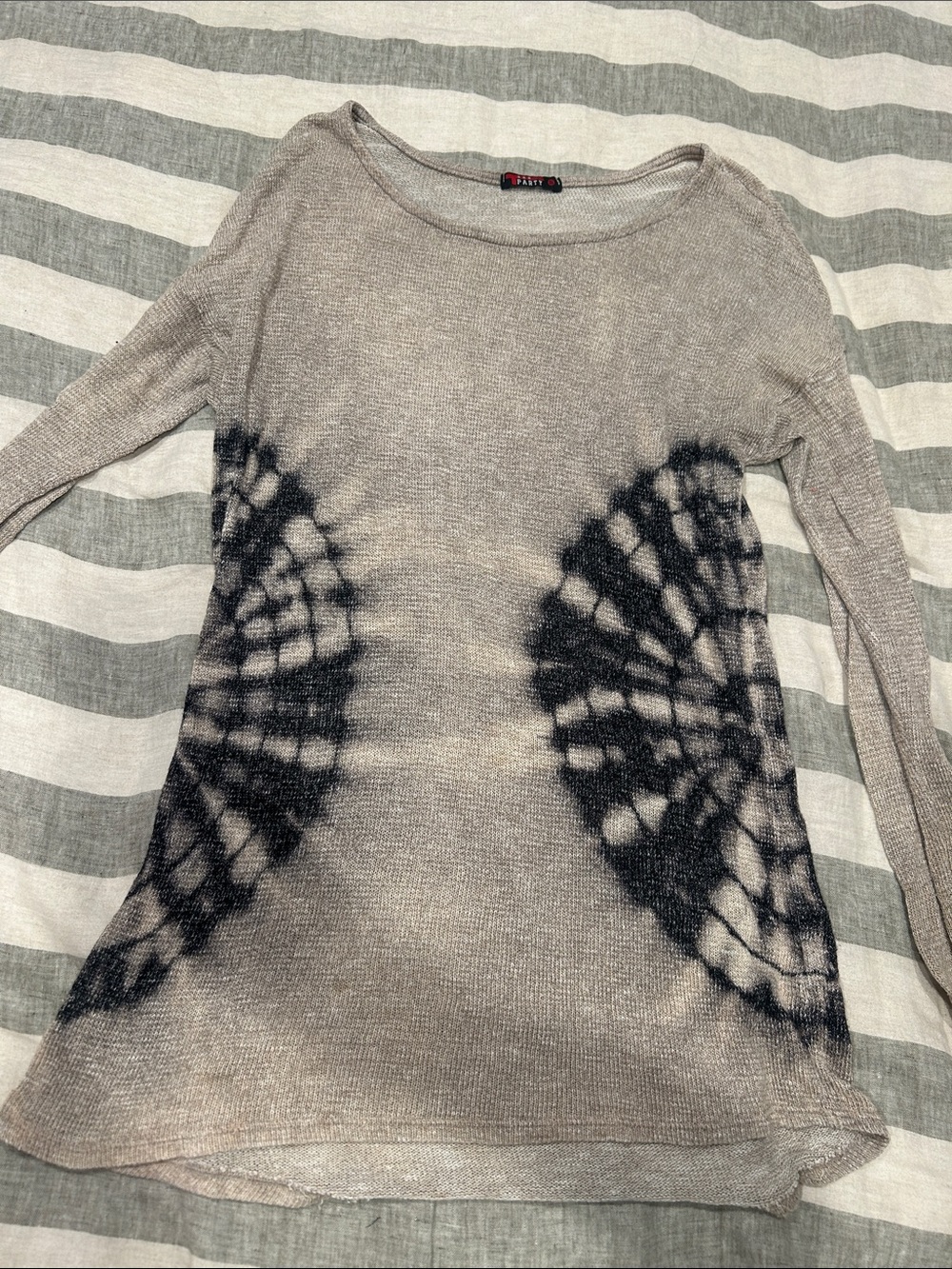 Light Taupe Knit Sweater with Black Tie-Dye Accents